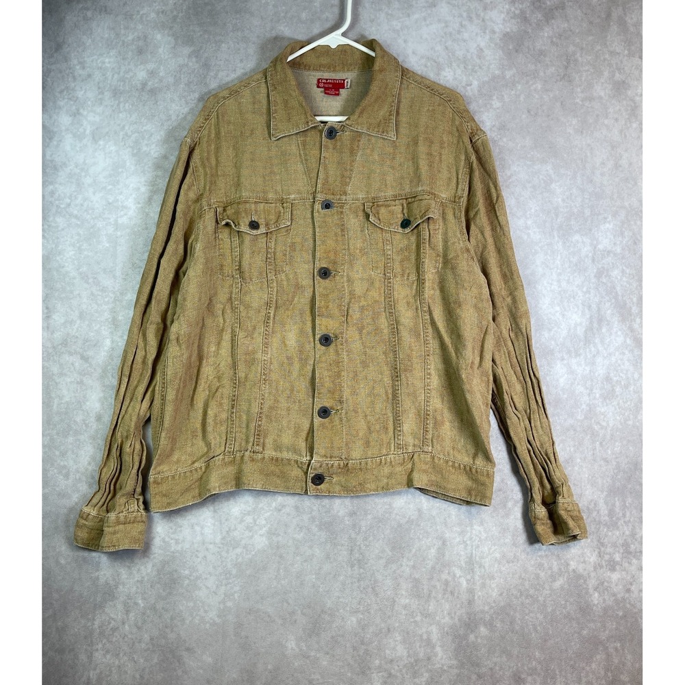 Guess Shirt Mens Large Tan Linen Button Up Long Sleeve Military Safari Outdoor